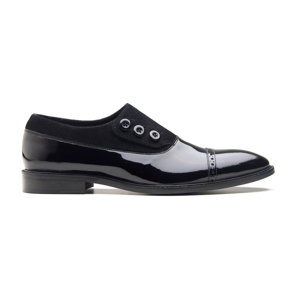 Elferd, Button Shoe- Black Patent & Suede | Black Tie Collection