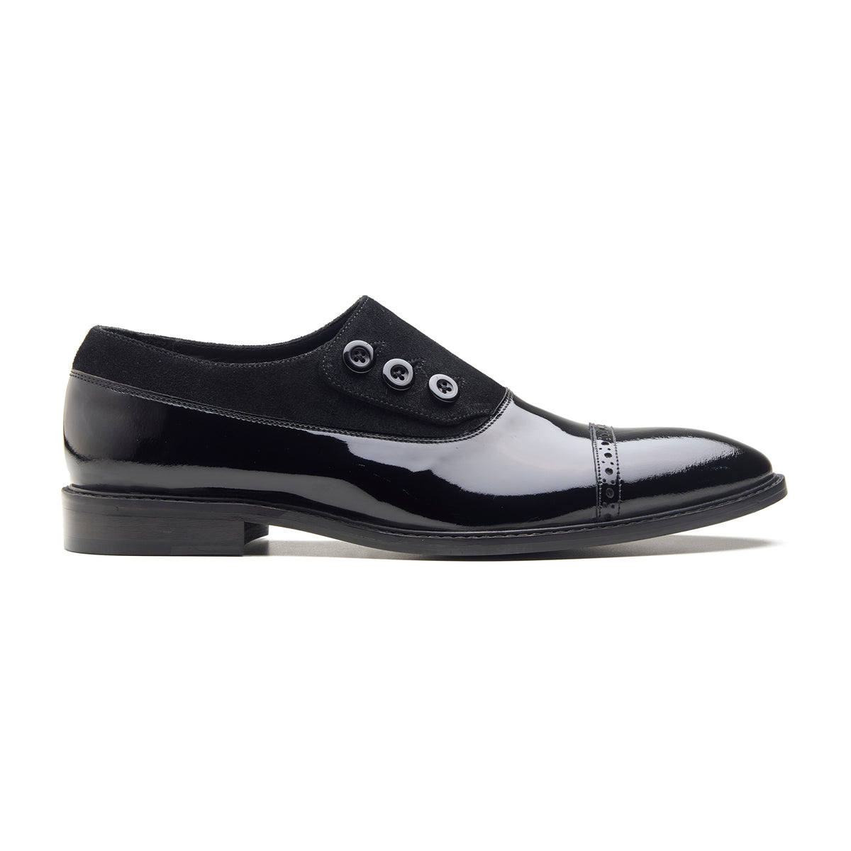 Elferd, Button Shoe- Black Patent & Suede | Black Tie Collection