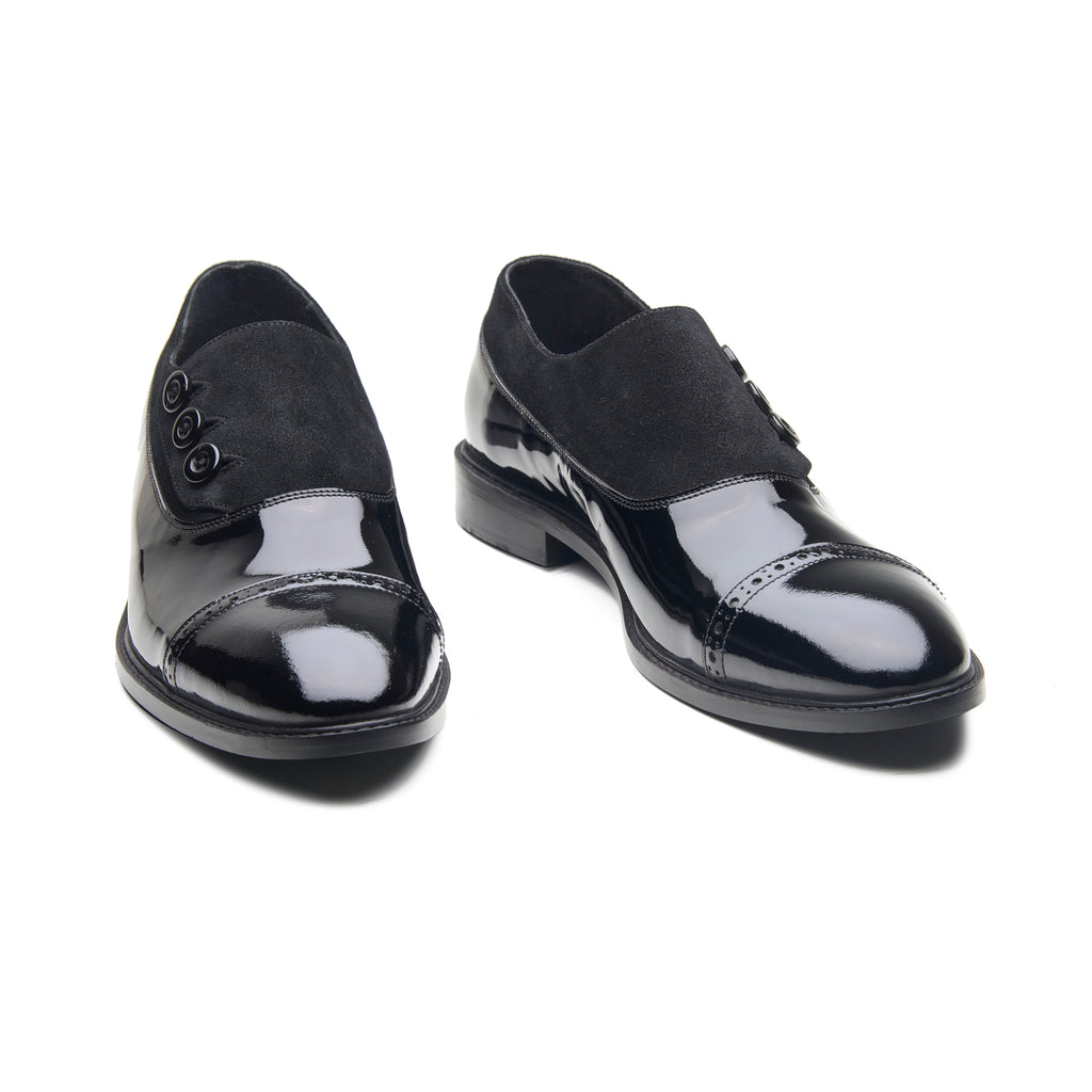 Elferd, Button Shoe- Black Patent & Suede | Black Tie Collection