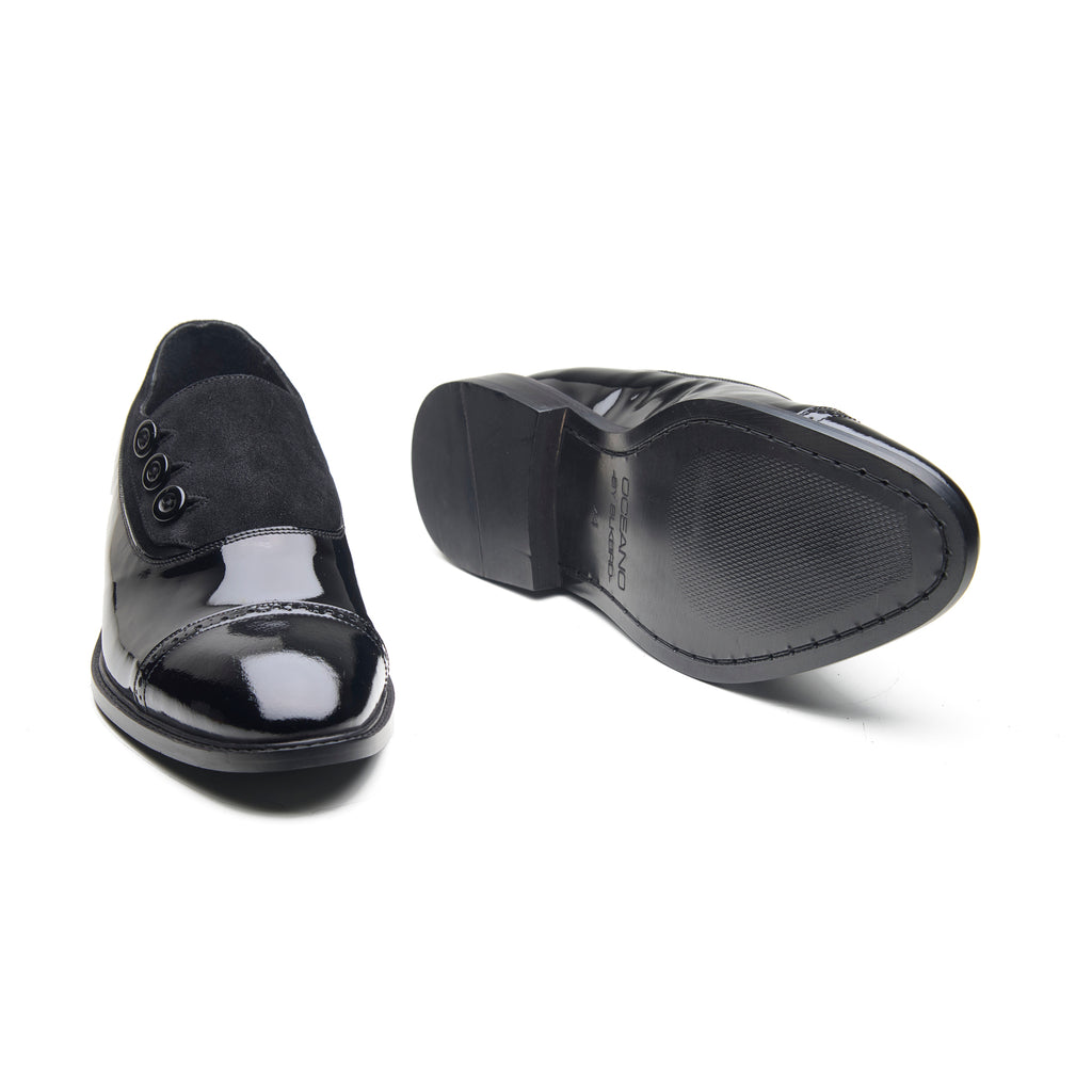 Elferd, Button Shoe- Black Patent & Suede | Black Tie Collection
