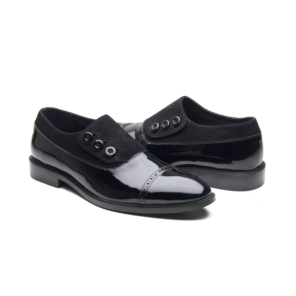 Elferd, Button Shoe- Black Patent & Suede | Black Tie Collection