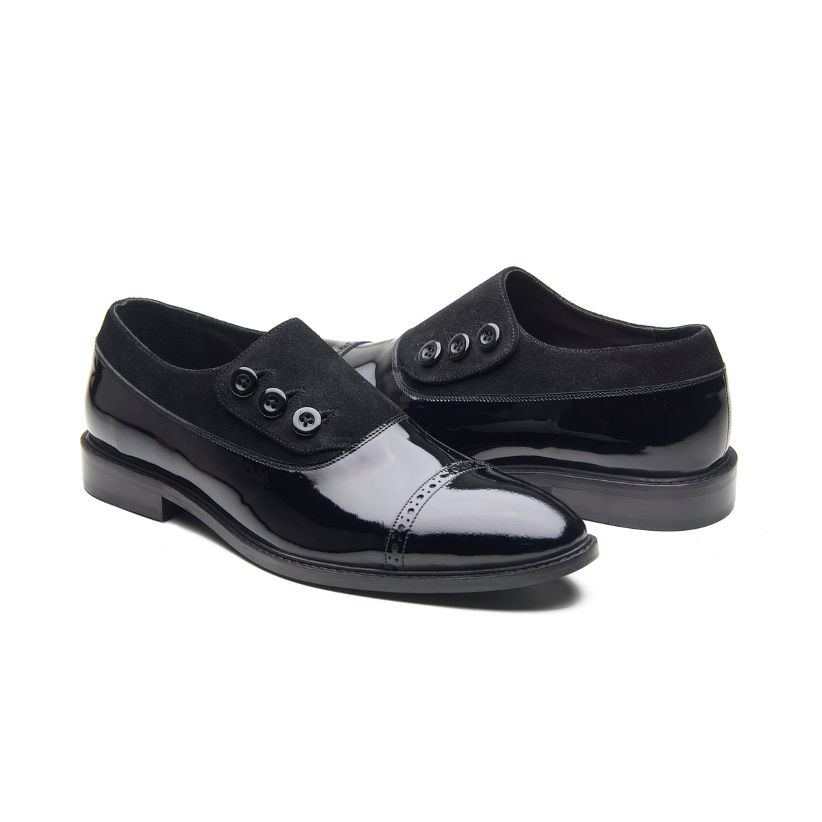 Elferd, Button Shoe- Black Patent & Suede | Black Tie Collection