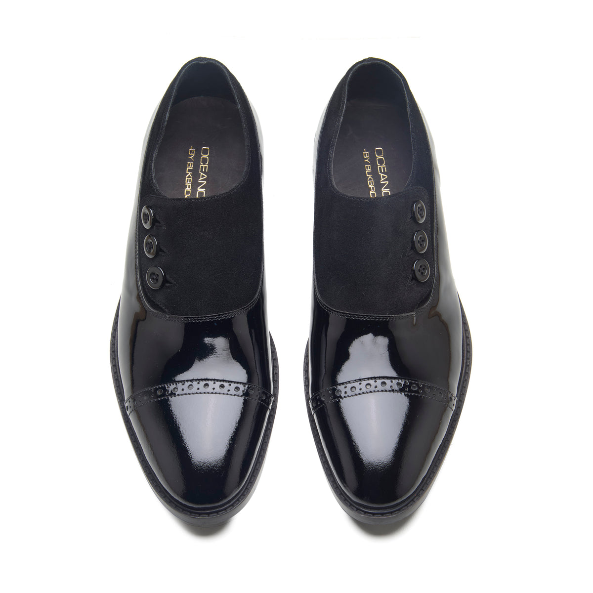 Elferd, Button Shoe- Black Patent & Suede | Black Tie Collection