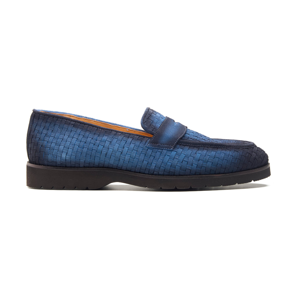 Kirby, Comfort Penny Loafers - Navy Woven Suede
