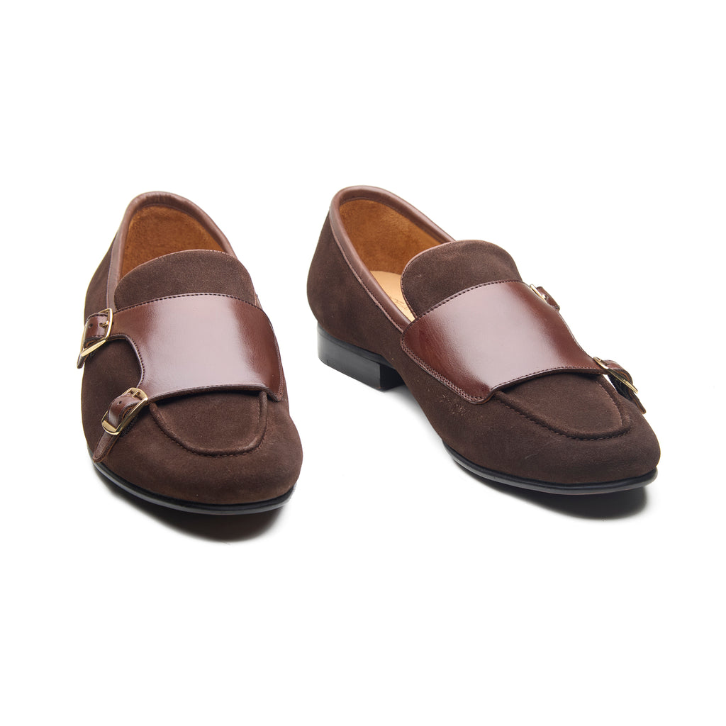 Andreya, Monk Loafers - Brown Suede + Smooth Grain