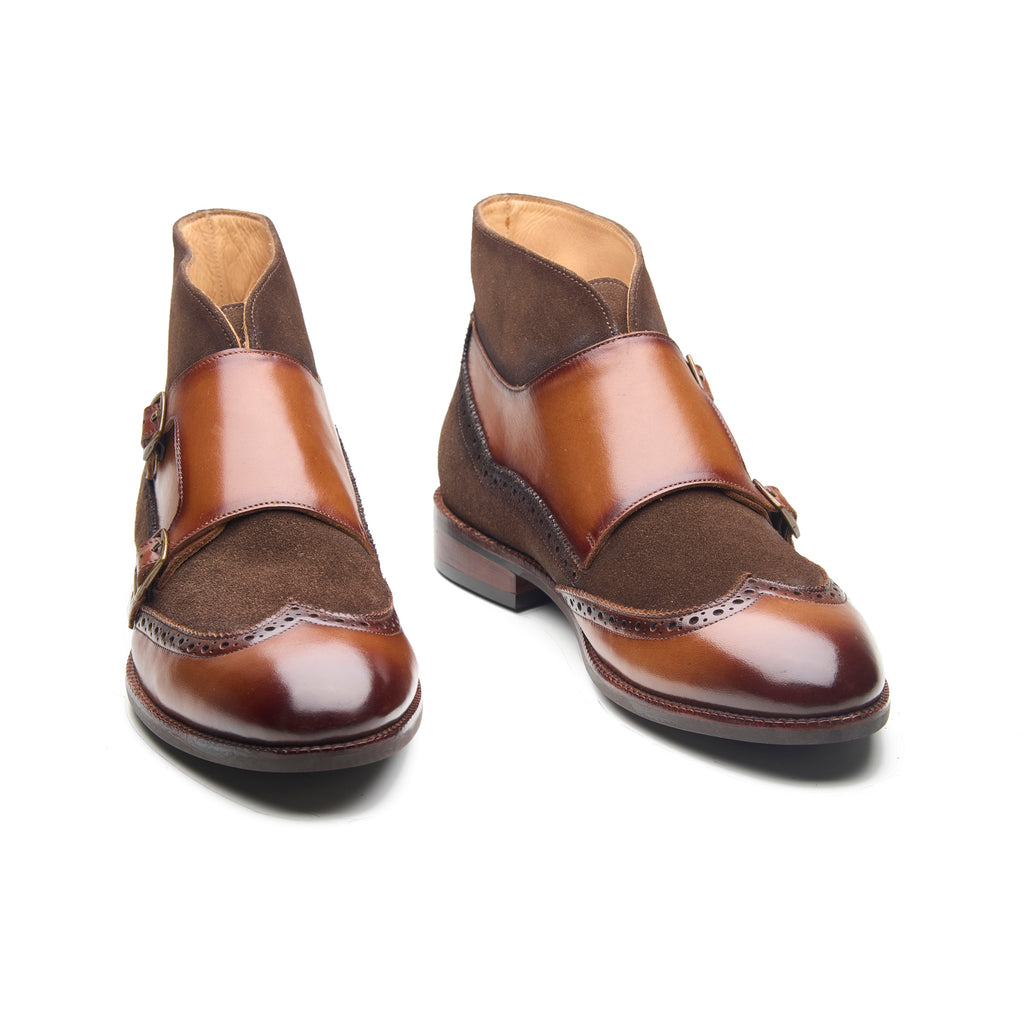 Lewis, Wingtip Monk Boot - Tan Crust + Brown Suede
