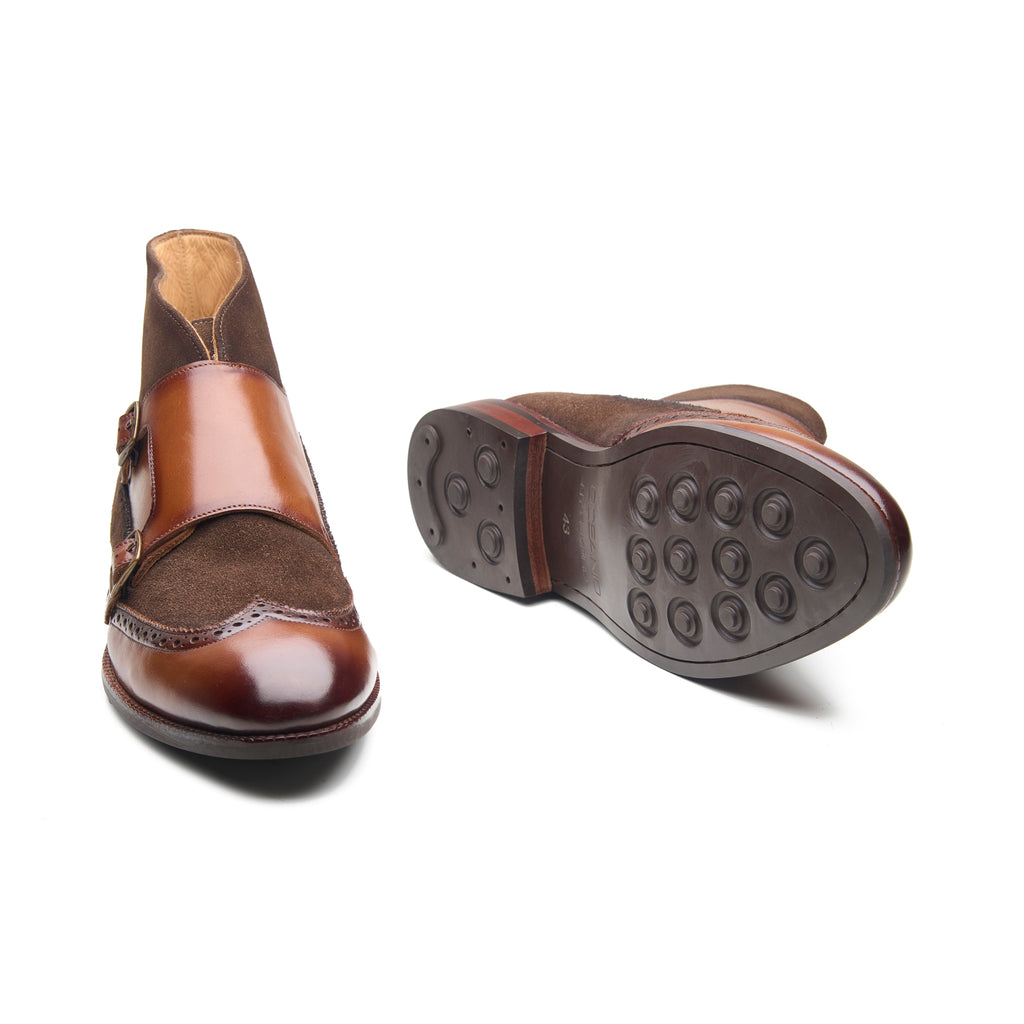 Lewis, Wingtip Monk Boot - Tan Crust + Brown Suede